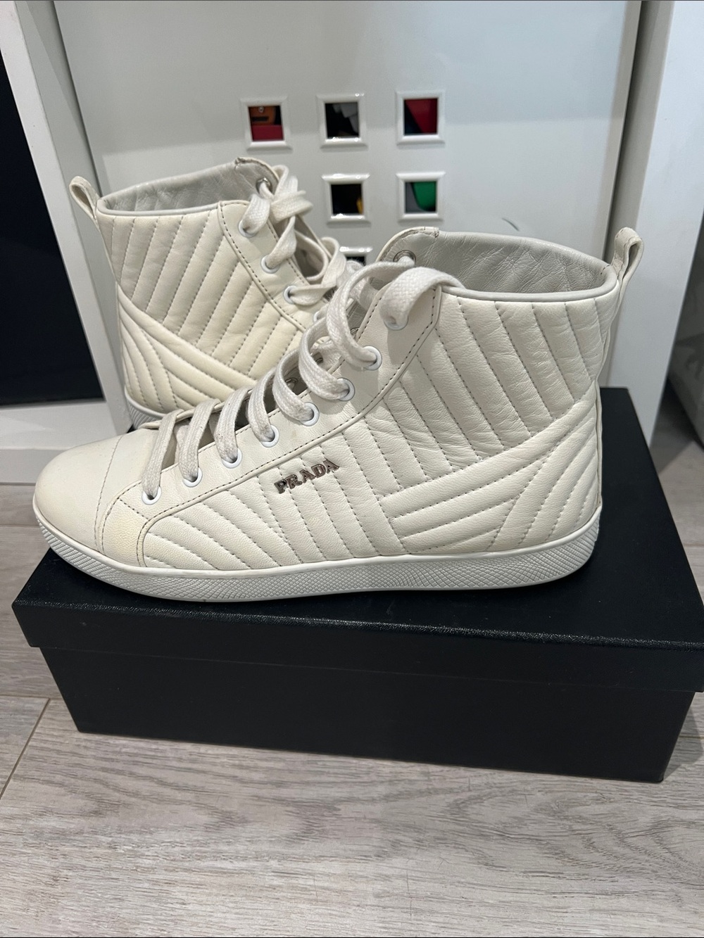 Prada White Quilted High-Top Sneakers for Women. Super cute and stylish